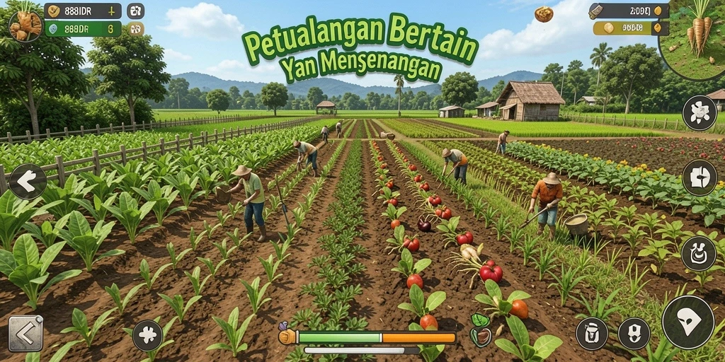 Screenshot game 888IDR menampilkan ladang pertanian yang subur dan indah.