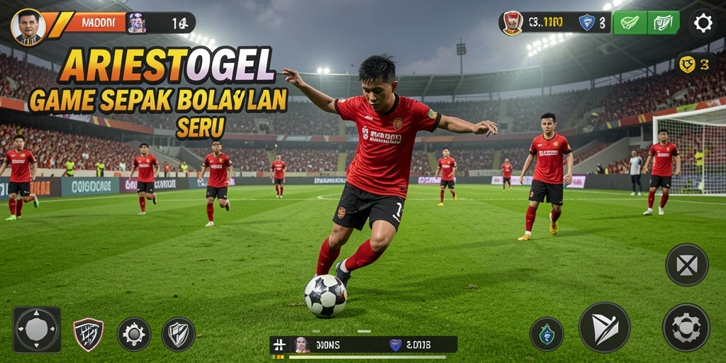 Tangkapan layar utama dari gameplay ARIESTOGEL yang menunjukkan aksi sepak bola yang mendebarkan.