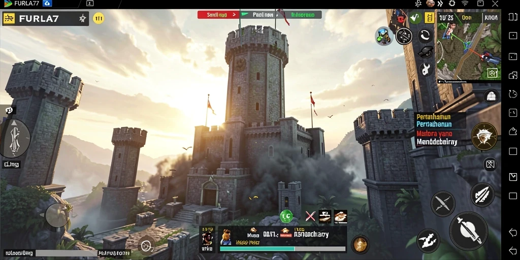 Screenshot gameplay FURLA77 menampilkan aksi pertahanan menara yang seru.