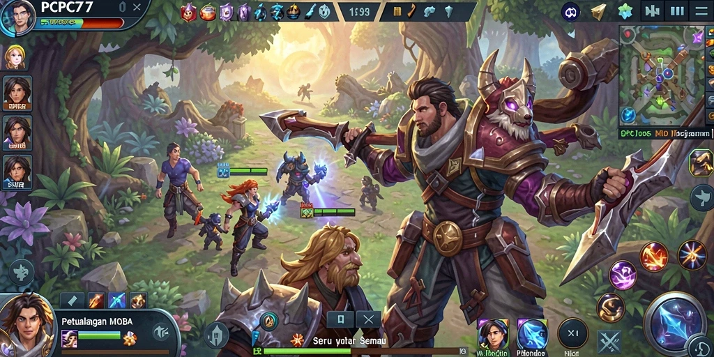 Tampilan screenshot gameplay seru dalam PCPC7 dengan pertarungan tim MOBA.