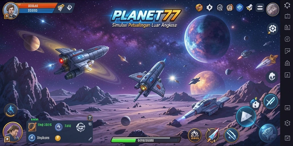 Tangkapan layar utama PLANET77 menunjukkan gameplay simulasi luar angkasa yang menakjubkan.