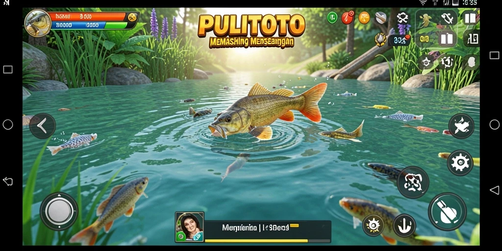 Screenshot PULITOTO menampilkan keseruan gameplay memancing di laut.