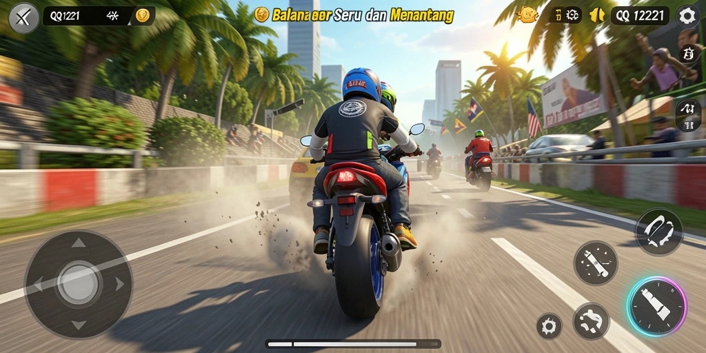 Tangkapan layar gameplay QQ1221 yang menunjukkan aksi balapan motor yang seru.