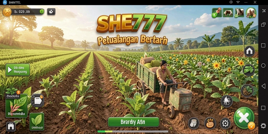 Tampilan gameplay SHE777 menampilkan aktivitas bertani yang seru dan interaktif.
