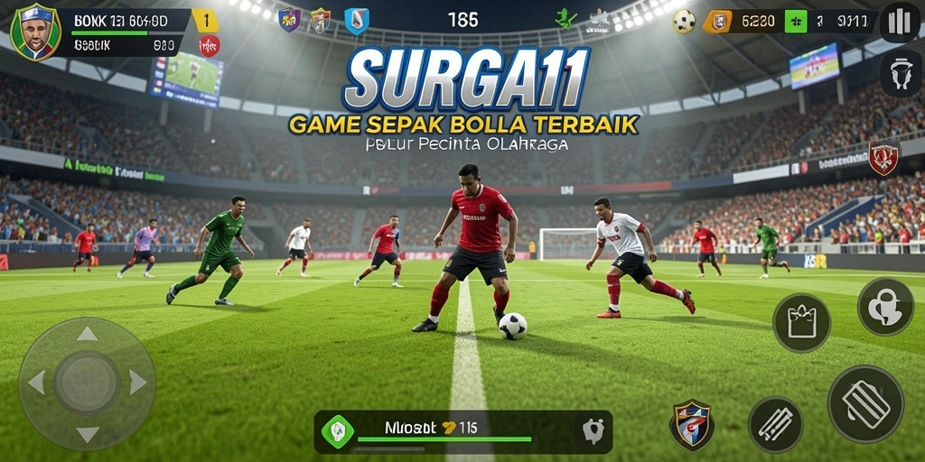 Tangkapan layar dari gameplay seru SURGA11 menampilkan aksi dramatik di lapangan sepak bola.
